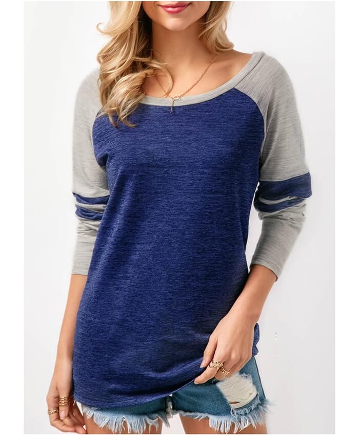 Blue Long Sleeve Round Neck Patchwork T Shirt